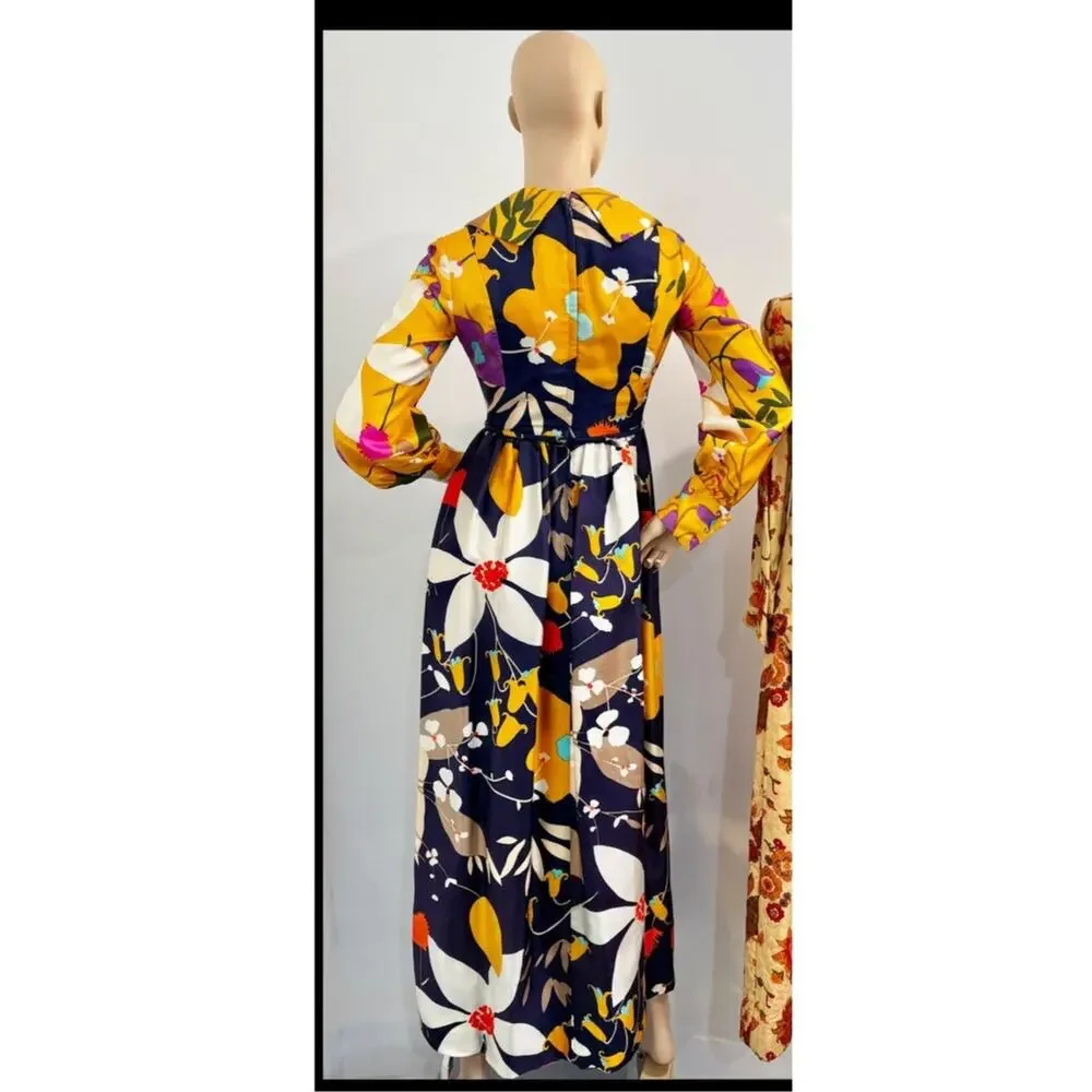Vintage 60s Flower Power Multi-Color Rayon Long Sleeve Dress S festival - Picture 2 of 9